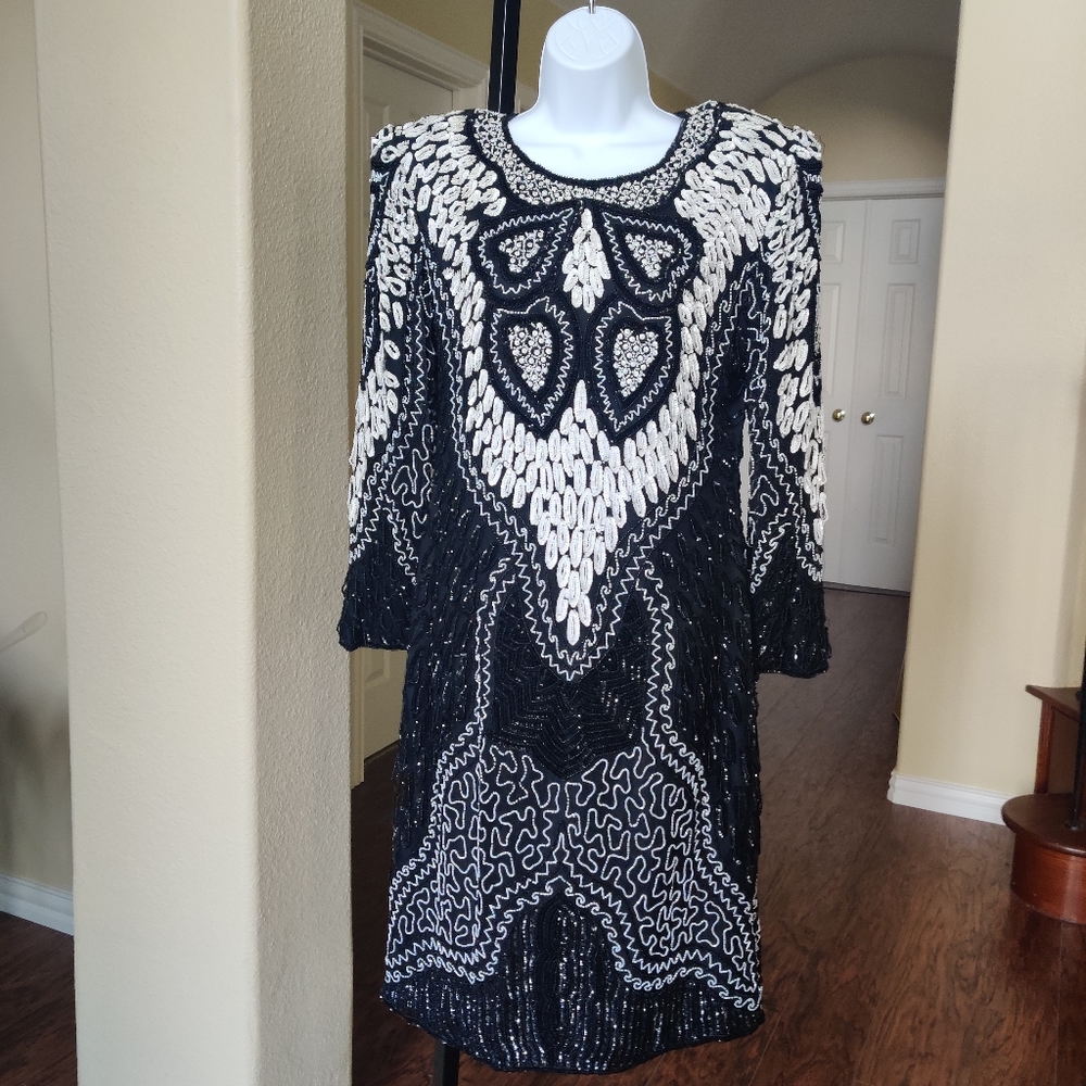 Gold Star VTG Beaded Statement Pure Silk Dress